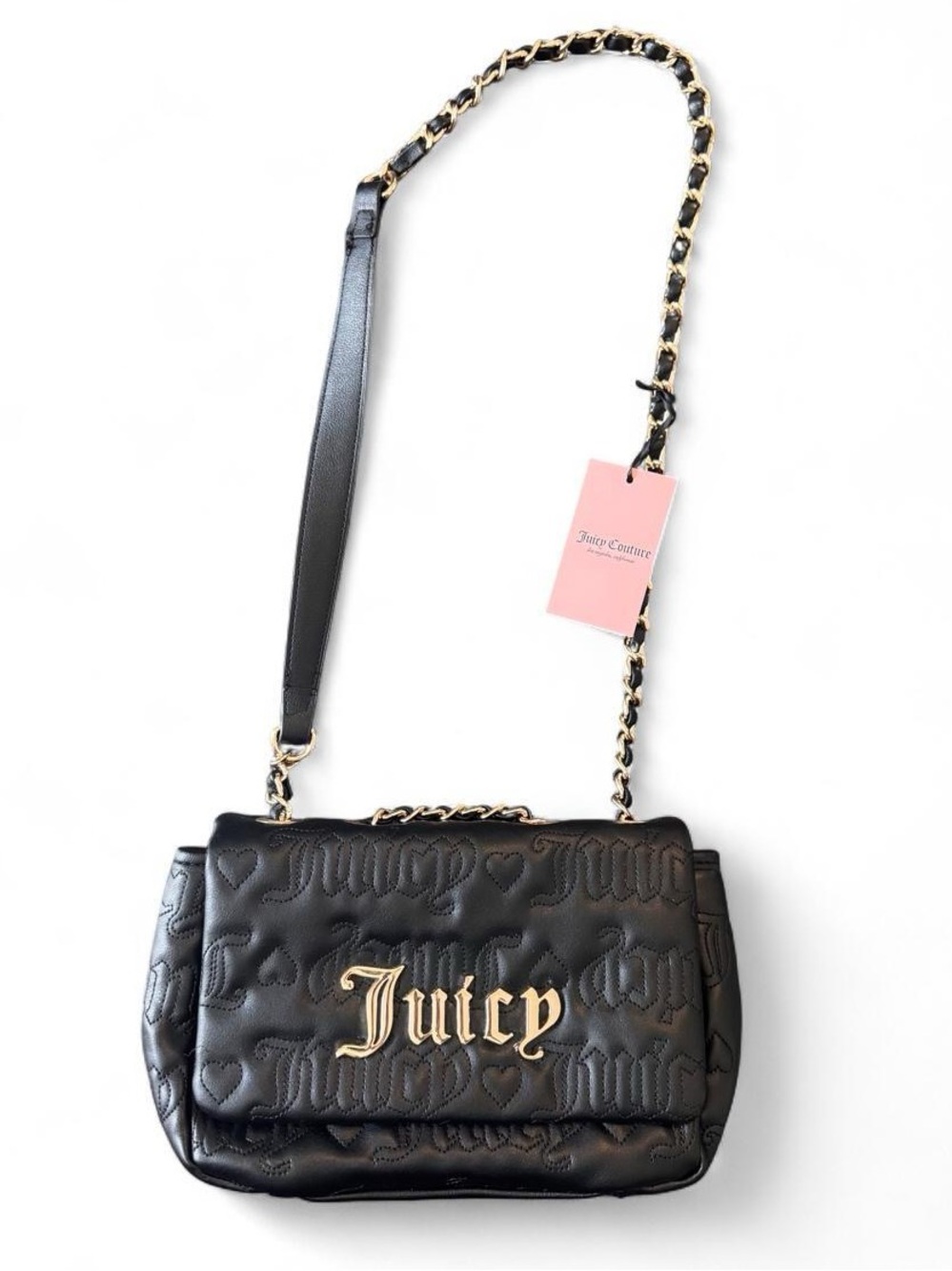NWT Juicy Couture Flap Crossbody Bag Black Embossed Gold Accent Faux Leather Y2K